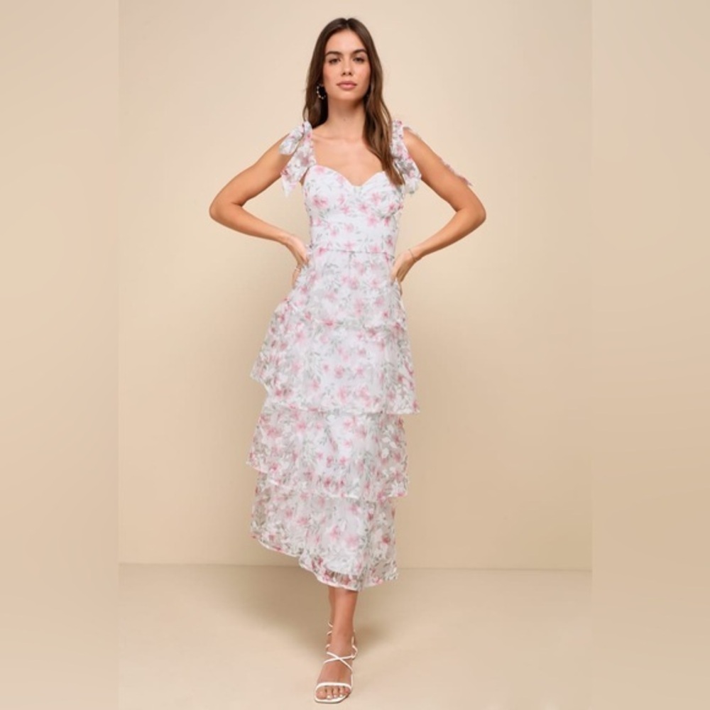 LULU’S ENDLESSLY GORGEOUS FLORAL BURNOUT TIE STRAP MIDI DRESS